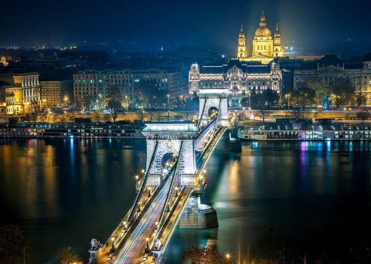 Chain Bridge Cathedral by night in Budapest